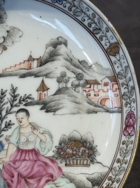 A Chinese famille rose 'erotic subject' cup and saucer, Yongzheng/Qianlong