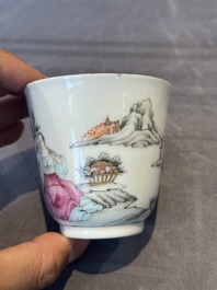 A Chinese famille rose 'erotic subject' cup and saucer, Yongzheng/Qianlong