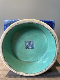A rare Chinese gilt-decorated powder-blue-ground famille rose 'cong' vase, Yongzheng mark, 20th C.