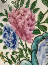 A Chinese famille verte and a famille rose dish with birds among blossom branches, 19th C.
