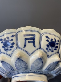 A rare Chinese lotus-shaped blue and white 'fu' dish, Kangxi mark and of the period