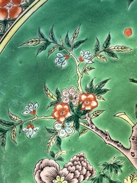 A Chinese famille verte and a famille rose dish with birds among blossom branches, 19th C.
