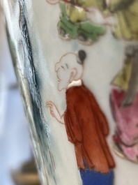 A pair of Chinese famille rose 'hundred boys' vases and covers on wooden stands, 19th C.