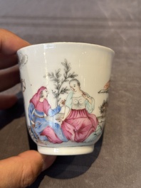 A Chinese famille rose 'erotic subject' cup and saucer, Yongzheng/Qianlong