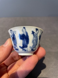 Four Chinese blue and white 'Eight Immortals' cups and saucers and five saucers, Chenghua and Lu mark, Kangxi