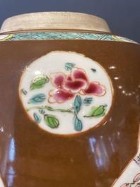 A pair of Chinese capucin-brown-ground famille rose covered jars with floral design, Yongzheng/Qianlong