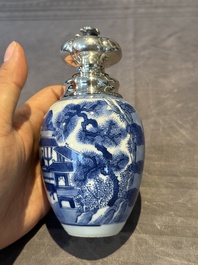 A Chinese blue and white silver mounted tea caddy with a river landscape, Kangxi