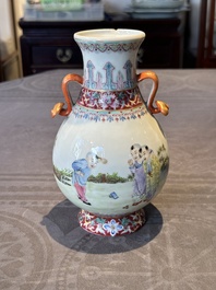 A Chinese famille rose 'hu' vase with playing boys, Qianlong mark, 20th C.