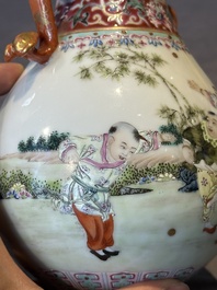 A Chinese famille rose 'hu' vase with playing boys, Qianlong mark, 20th C.