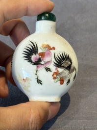 A Chinese double losange-shaped '12 zodiac animals' snuff bottle and a 'roosters' snuff bottle, 19th C.