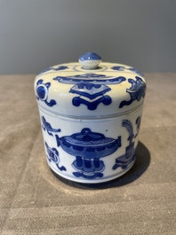 A Chinese blue and white vase, a covered bowl and six saucers, Chenghua and artemisia leaf mark, Kangxi
