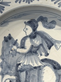 A blue and white Dutch maiolica dish with a rider on horseback, probably Harlingen, 2nd half 17th C.
