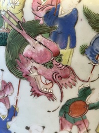 A pair of Chinese famille rose 'hundred boys' vases and covers on wooden stands, 19th C.