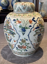 A Chinese famille verte 'figures and antiquities' jar and cover, Kangxi