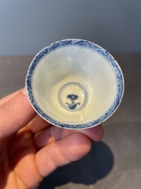 Four Chinese blue and white 'Eight Immortals' cups and saucers and five saucers, Chenghua and Lu mark, Kangxi