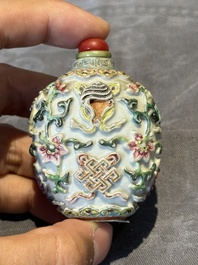 Six Chinese famille rose moulded snuff bottles, Qianlong mark, 19/20th C.