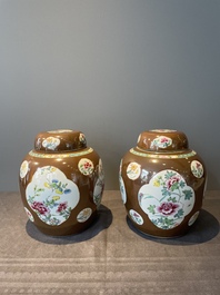A pair of Chinese capucin-brown-ground famille rose covered jars with floral design, Yongzheng/Qianlong
