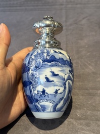 A Chinese blue and white silver mounted tea caddy with a river landscape, Kangxi