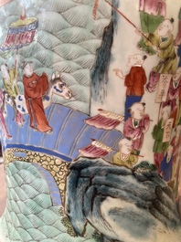A pair of Chinese famille rose 'hundred boys' vases and covers on wooden stands, 19th C.