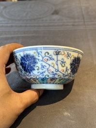 Two Chinese blue, white and famille rose bowls and two famille rose bowls, Guangxu and Shen De Tang mark, 19th C.
