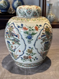 A Chinese famille verte 'figures and antiquities' jar and cover, Kangxi