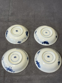 Four Chinese blue and white 'Eight Immortals' cups and saucers and five saucers, Chenghua and Lu mark, Kangxi