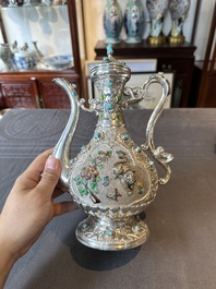 A rare Chinese silver, enamel and hardstone coffee set with matching tray, 20th C.