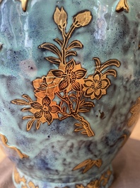 A pair of Chinese robin's egg and faux bronze-glazed 'hu' vases, Qianlong mark, 19th C.