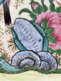 A Chinese famille verte and a famille rose dish with birds among blossom branches, 19th C.