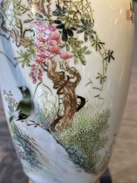 A Chinese famille rose 'birds and flowers' vase, signed Deng Xiaoyu 鄧肖禹, dated 1961