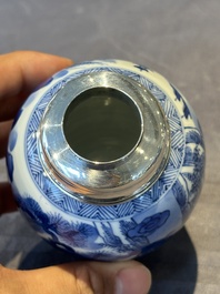 A Chinese blue and white silver mounted tea caddy with a river landscape, Kangxi
