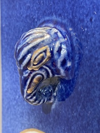 A rare Chinese gilt-decorated powder-blue-ground famille rose 'cong' vase, Yongzheng mark, 20th C.