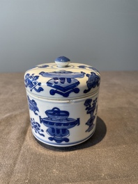 A Chinese blue and white vase, a covered bowl and six saucers, Chenghua and artemisia leaf mark, Kangxi