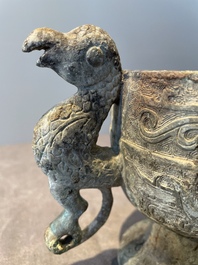 Three Chinese archaic bronze wine vessels, Zhou or later