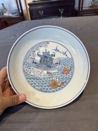 A Chinese famille verte 'Hai Wu Tian Chou 海屋添筹' plate, Yongzheng mark, 19th C.