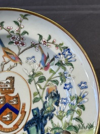 A pair of rare Chinese Canton famille rose armorial soup plates with the arms of Wight, ca. 1810