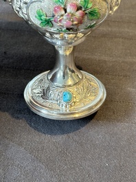 A rare Chinese silver, enamel and hardstone coffee set with matching tray, 20th C.