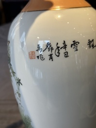 A Chinese famille rose 'birds and flowers' vase, signed Deng Xiaoyu 鄧肖禹, dated 1961