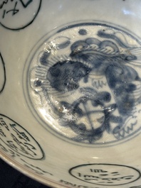 A Chinese Swatow blue and white bowl with iron-red and green-enamelled Arabic inscription, Ming