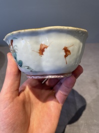 A Chinese blue, white and famille rose tea service, three famille rose bowls, a plate and a covered jar, 19th C.
