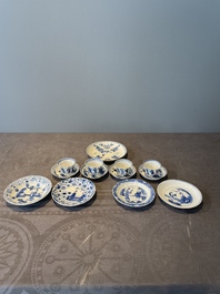 Four Chinese blue and white 'Eight Immortals' cups and saucers and five saucers, Chenghua and Lu mark, Kangxi