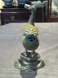 A rare Chinese turquoise and red coral inlaid silver enamelled duck-shaped censer and cover, 19/20th C.