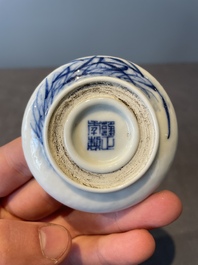 A Chinese blue and white brush washer and two seal paste boxes and covers, Qianlong mark, 19th C.