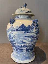 A Chinese blue and white 'landscape' vase and cover, Chenghua mark, 19th C.