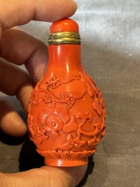 Four Chinese Peking glass snuff bottles, one with a Qianlong mark, 18/19th C.