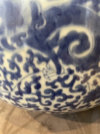 A large Chinese blue and white censer with chilong and floral design, Kangxi