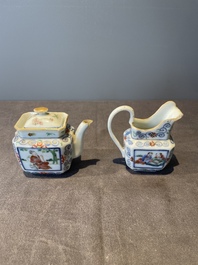 A Chinese blue, white and famille rose tea service, three famille rose bowls, a plate and a covered jar, 19th C.