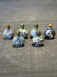 Six Chinese Peking enamel snuff bottles with European design, Qianlong mark, 19/20th C.