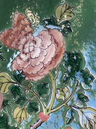 A Chinese famille verte and a famille rose dish with birds among blossom branches, 19th C.