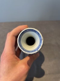 A Chinese blue and white vase, a covered bowl and six saucers, Chenghua and artemisia leaf mark, Kangxi